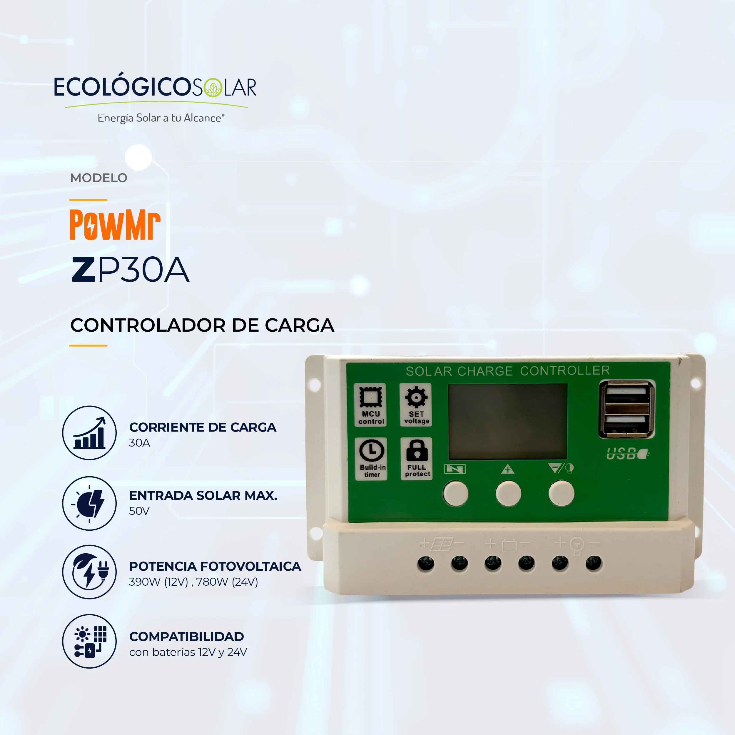 Controlador de Carga PWM Modelo Z de 30A 12/24V