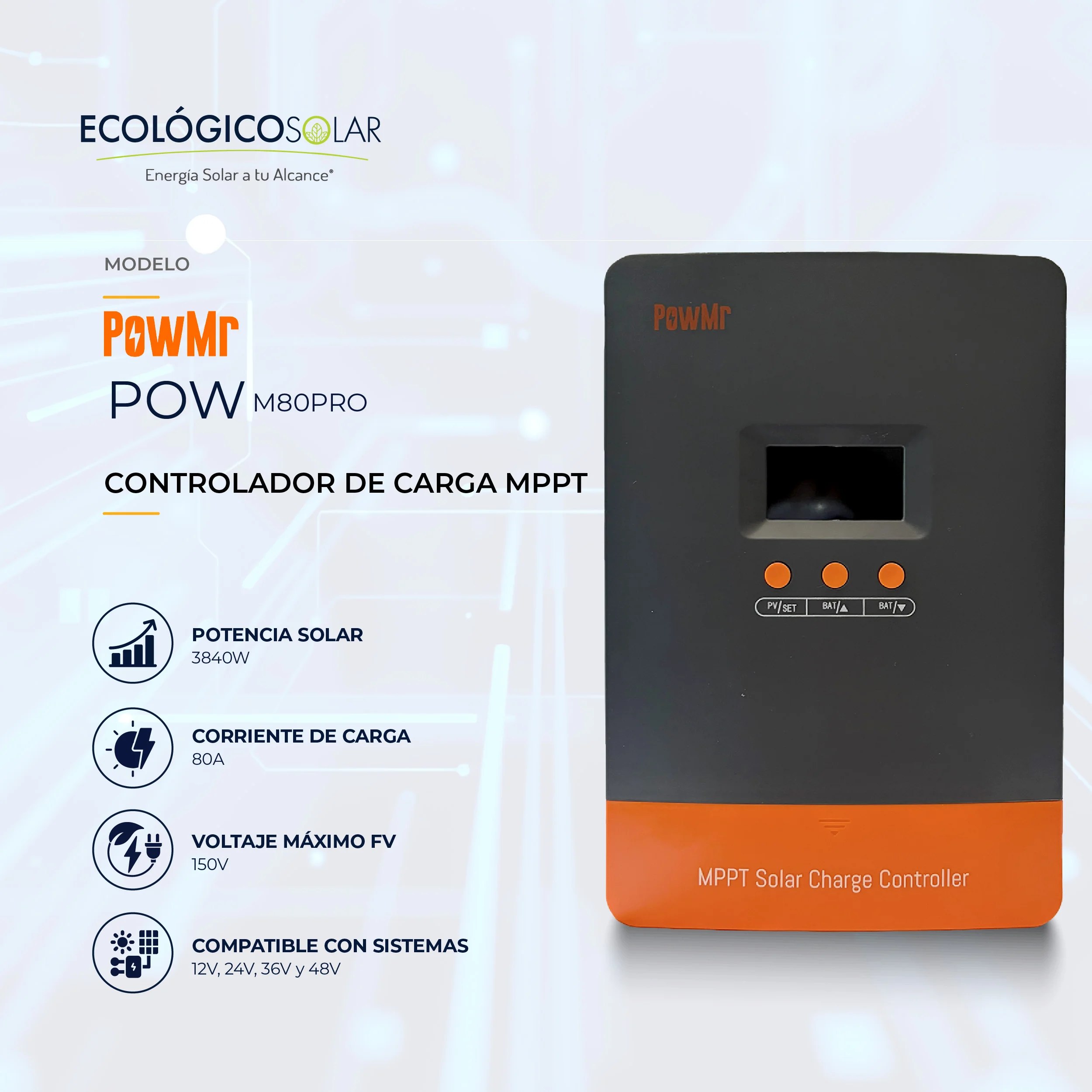 Controlador de Carga MPPT marca POWMR 80A 12/24/48V