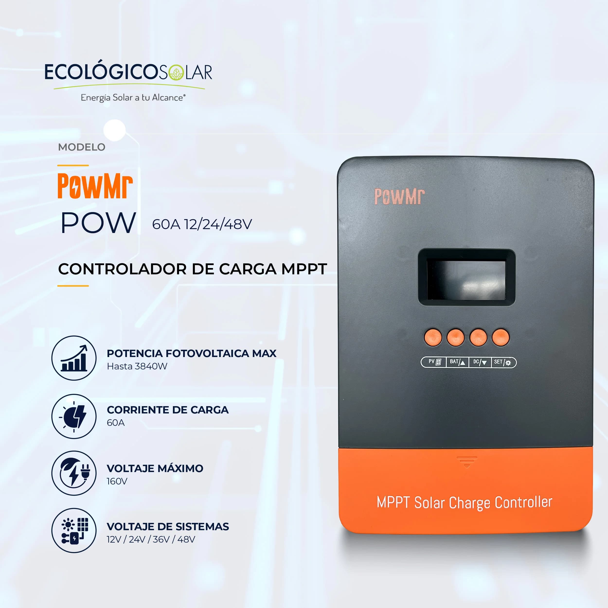 Controlador de Carga MPPT marca POWMR 60A 12/24/48V