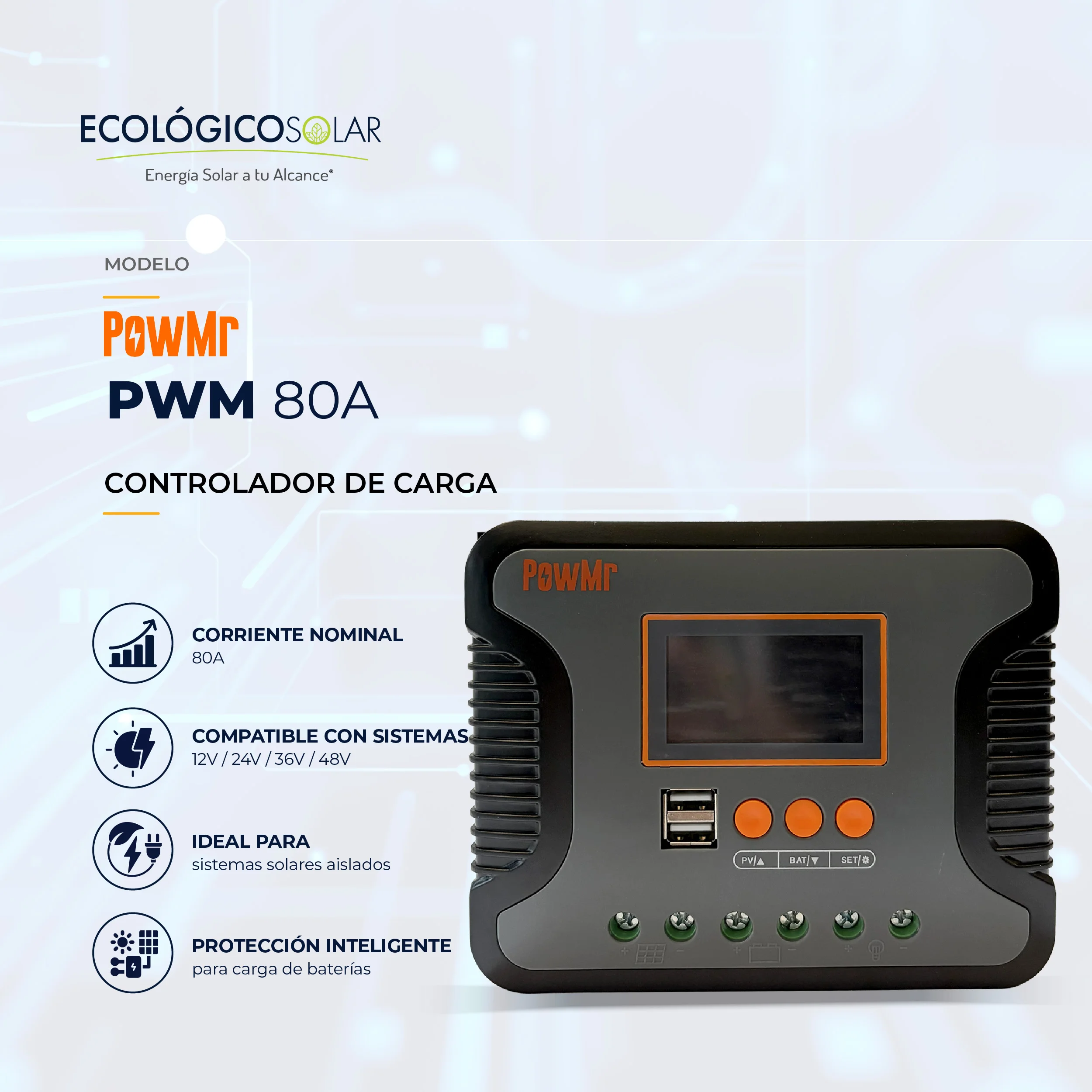 Controlador de Carga PowMr Modelo de 80A 12/24V/48V